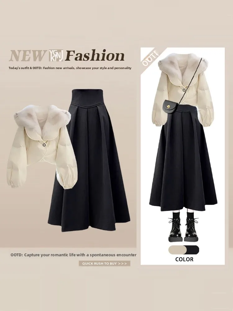 

Ретро-костюм в корейском стиле: зимняя хлопковая куртка с меховым воротником и юбка с высокой талией, комплект из трех предметов, модный женский ансамбль