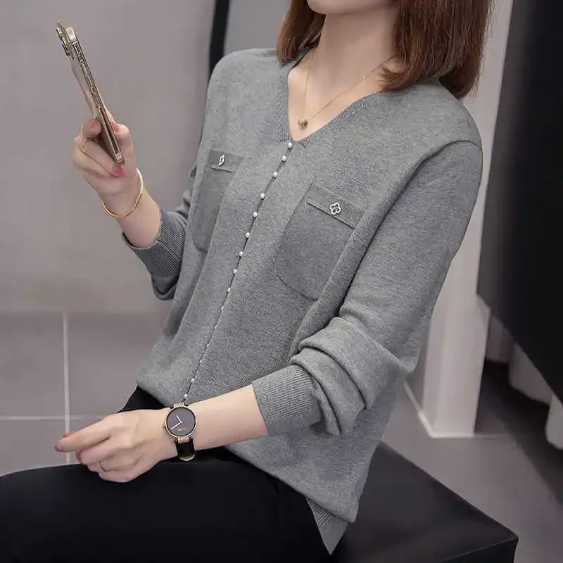 

Свободный однотонный модный женский трикотаж с v-образным вырезомXQ86