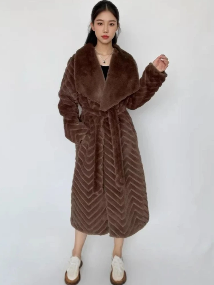 Winter lange bontjas met riem bontkraag luxe dames warme nepbont overjas ontwerp hoge kwaliteit kleding dikke chique windjack
