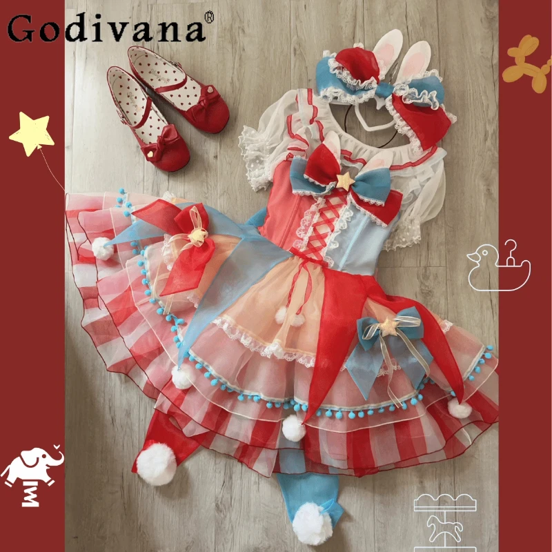 

Original Cos Costume Halloween Lolita Dress Sweet Girls Contrasting Color Y2k Bow Fur Ball Decoration Short OP Dresses with KC