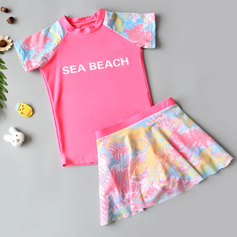 Girls swimsuit split skirt style boxer medium size kids plus size girl quick-drying swimsuit cute sunscreen pink hot spring