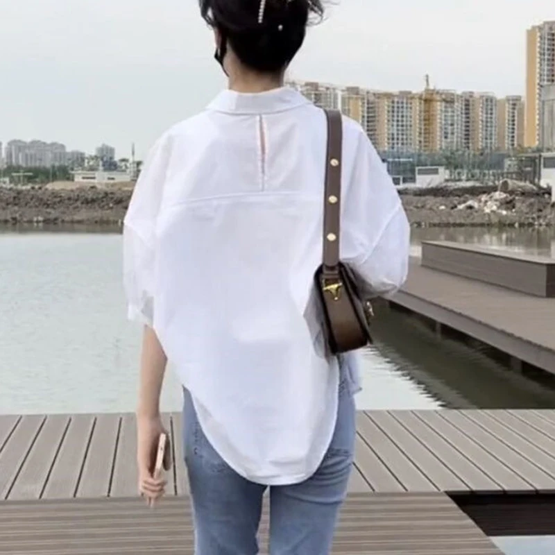 Summer Mid Sleeve Shirt Women Korean Casual Vacation Chic All Match Thin Female Blouse Fashion Loose Irregular New Tops New