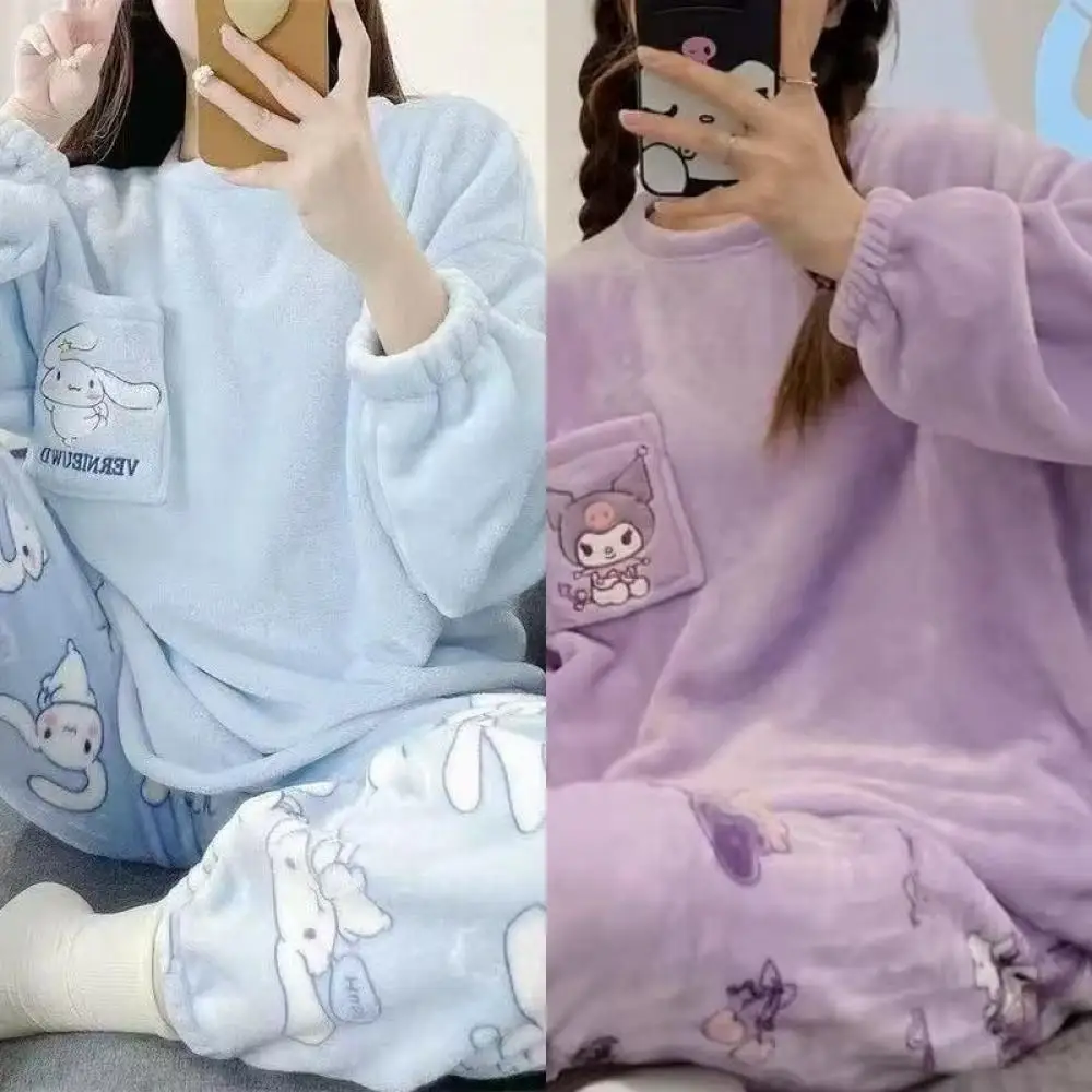 

Sanrio Kawaii Women Plush Pajamas Set Kuromi Cinnamoroll Hello Kitty Autumn Winter Home Clothes New Girl Thicken Cute Cartoon