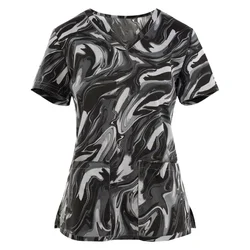 Women Nurse Uniform 3d Flower Print V-Neck Pocket Medical Uniforms Cartoon Nursing Scrubs Short Sleeve Pocket Loose Workwear