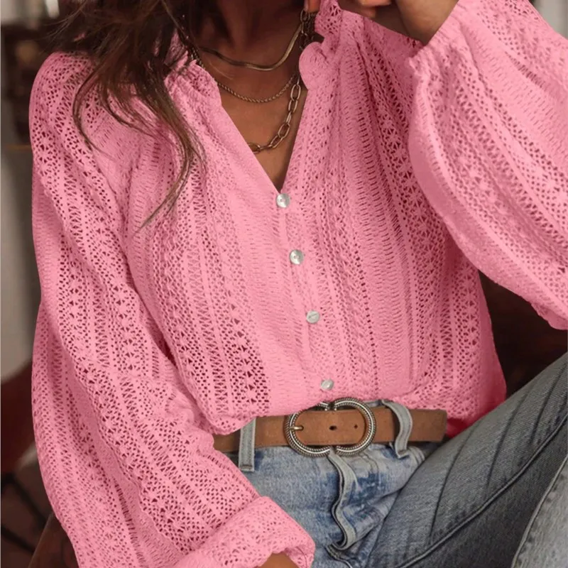 

Hollow Lace Sexy V-neck Single Breasted Long Sleeved Shirt For Spring Autumn New Styles Loose Fashionable Versatile Casual Top