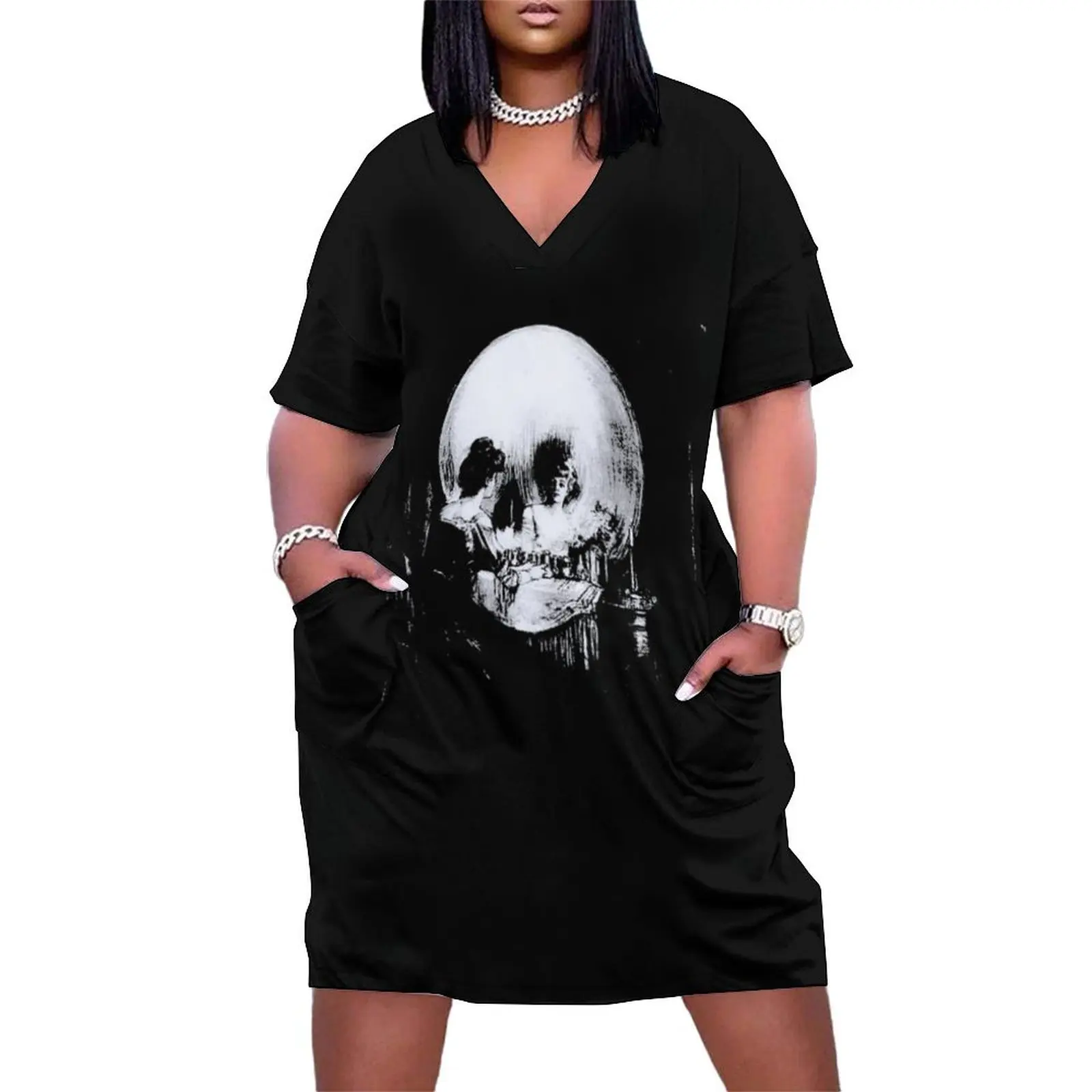 Woman with Halloween Skull Reflection In Mirror Loose Pocket Dress women formal occasion dresses evening dresses women