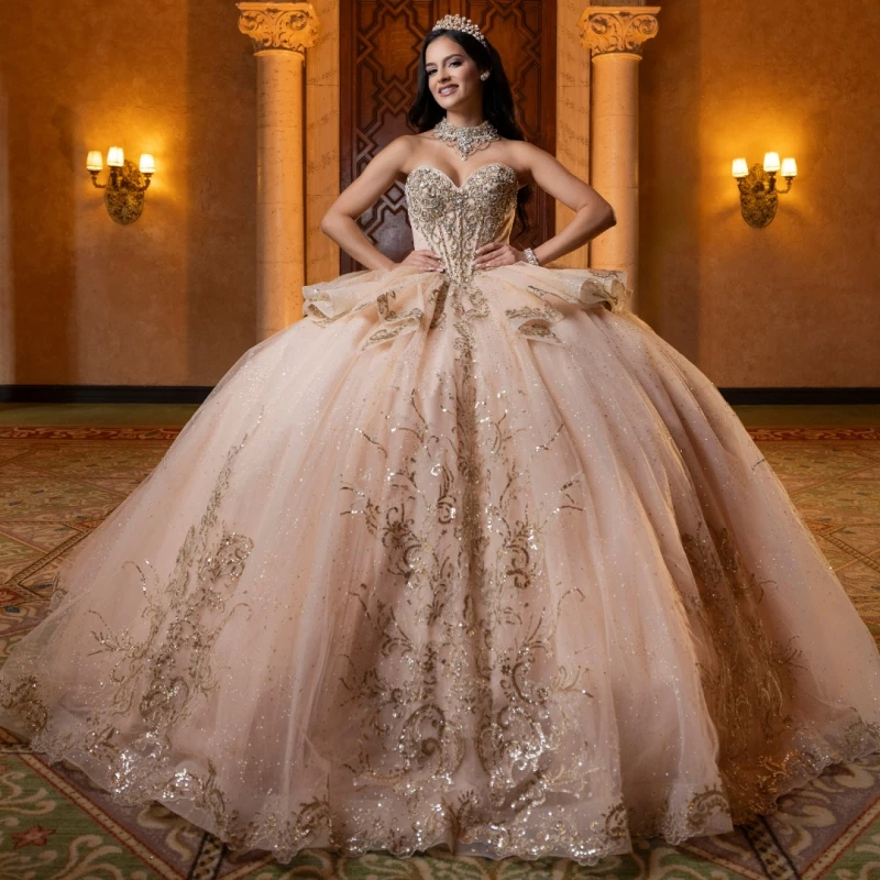 

Pink Shiny Quinceanera Dresses Off The Shoulder Gold Applique Lace Beading Crystal Bow Tull Corset Party Birthday Sweet 16 Dress