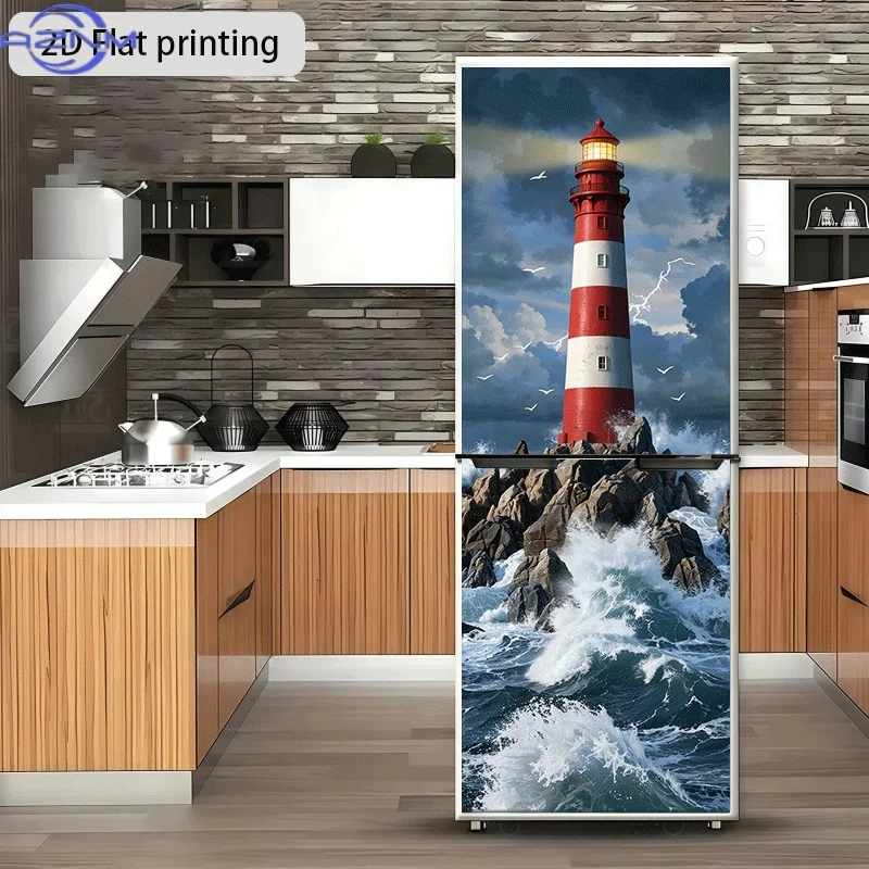 Refrigerator Sticker Stormy Night Lighthouse Theme Design Wall Sticker Decorative Wallpaper Self-Adhesive Suitable for Cabinet