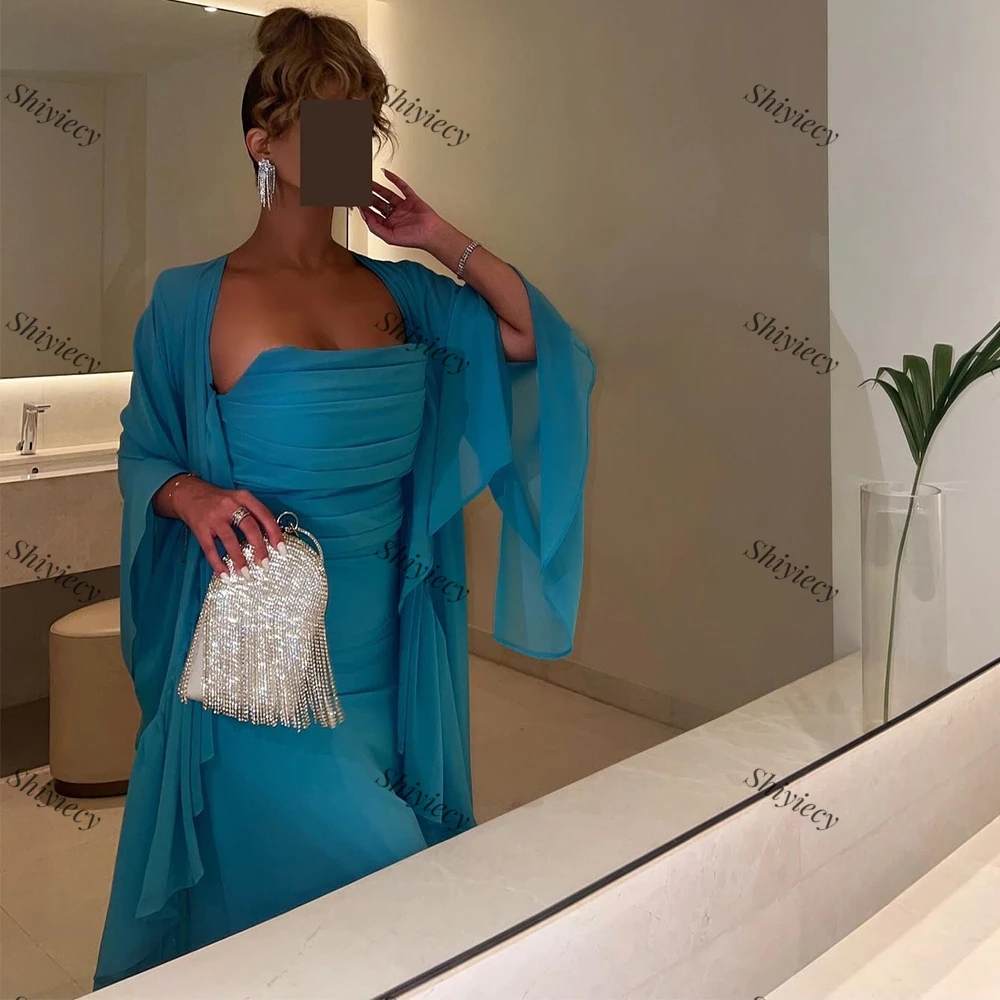 Strapless Formal Evening Dress Pleat Shawl Sleeveless Floor Length Elegant Chiffon Prom Gown Saudi Aribia Special Occasion Dress