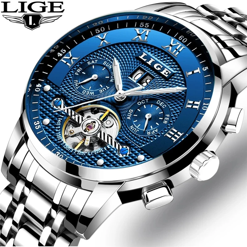 LIGE Brand Automatic Mechanical Watch Man Luxury Tourbillon Watches Men Business Steel Sports Waterproof Watch Relogio Masculino