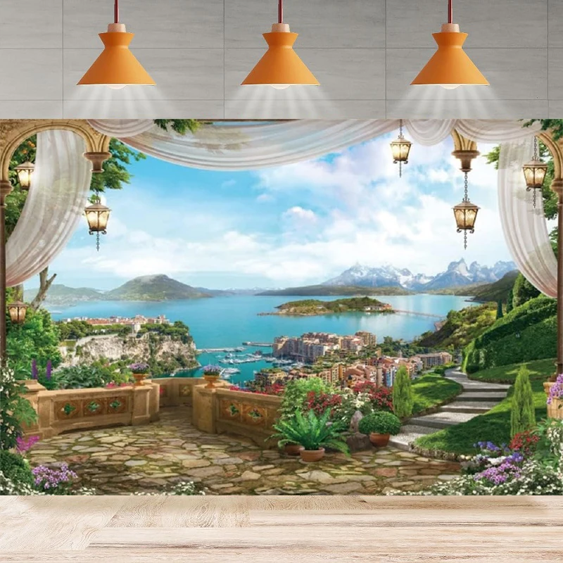 Spring Garden Photography Background Window Seaside Landscape Sea Town Mountain European Architecture Party Backdrop Wall Banner