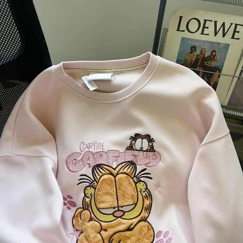 Cartoon Garfielded Sweatshirt Embroidery Garfielded Long Sleeve Pink Pullover for Women Girls Loose Oversized Tees Vintage Tops