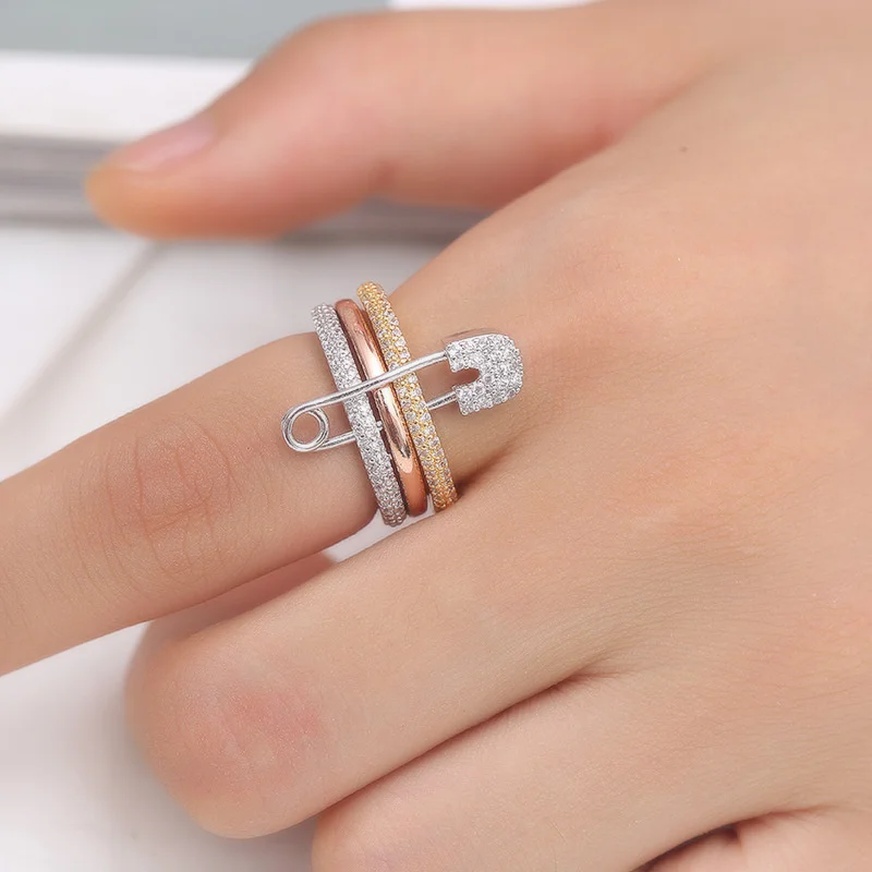 Fashion Exaggerated Pin Connection Three Layers Ring For Women Girls Chic Finger Rings Jewelry Accessories Valentine Day Gifts