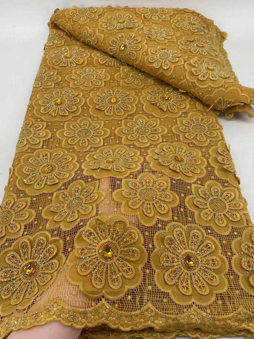 High Quality African Embroidery Lace Fabric With Stones 5 Yards Nigerian Chiffon Mesh Lace Fabric For Evening Women Party