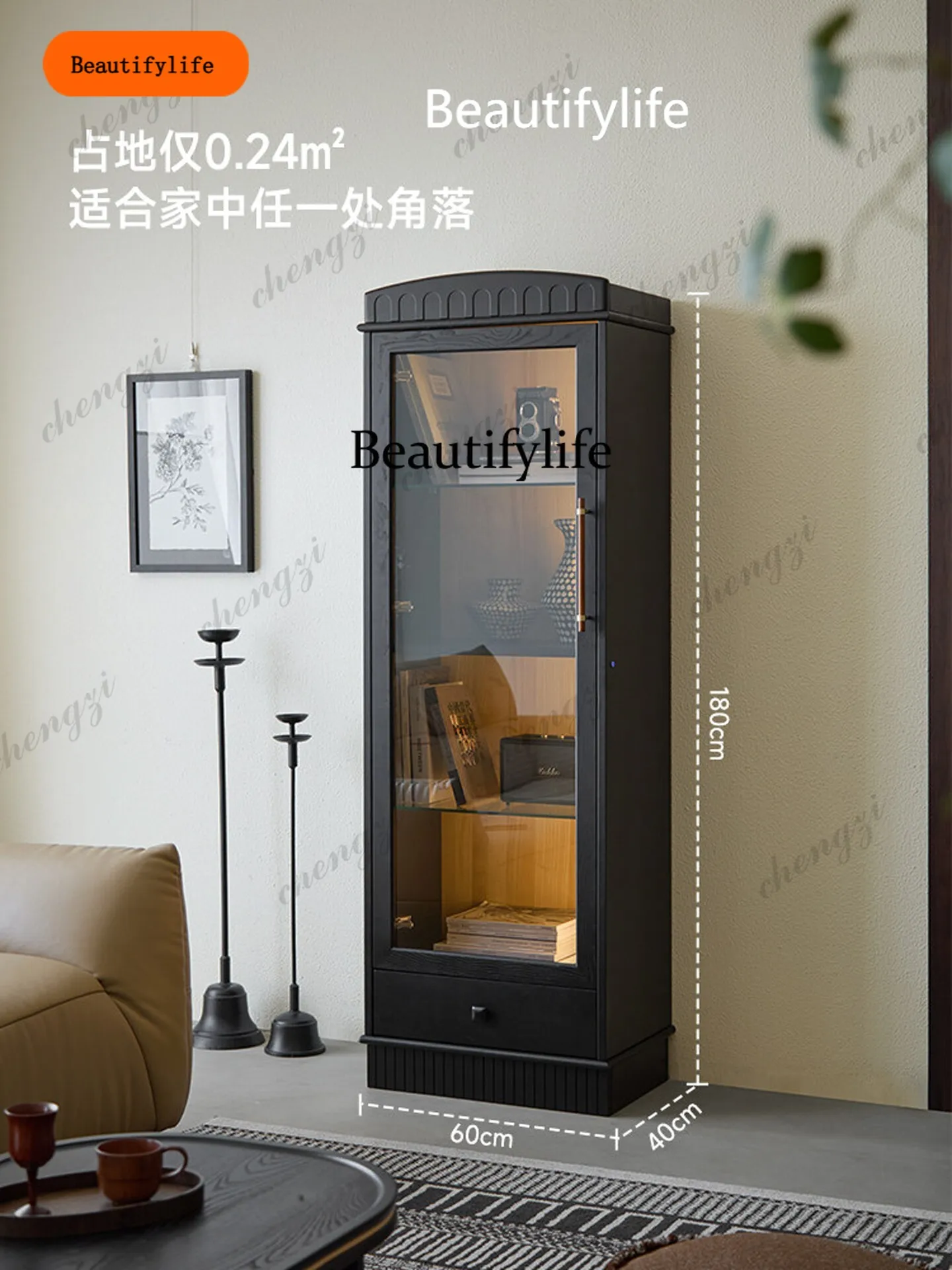 

B567 Retro solid wood display cabinet Floor-to-ceiling bookcase Figure display cabinet Glass door Integrated living room storage