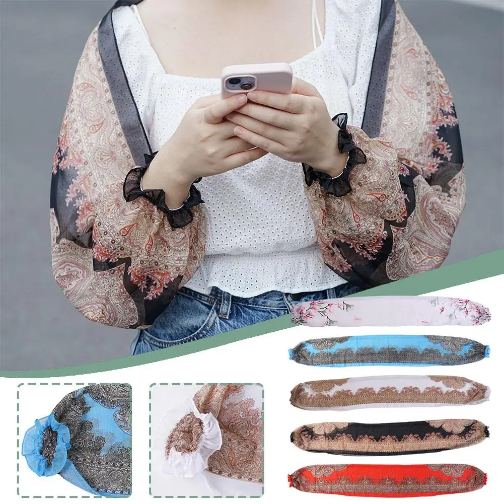 Lady Summer Chiffon Sunscreen Shawl Cape Fake Collar Clothes Thin Coat Anti-UV Sleeves Printing Driving Silk Outdoor Scarf U7C2