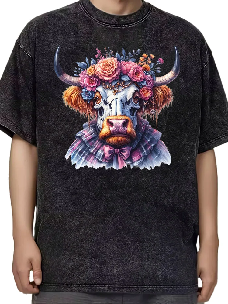 تي شيرت بقرة مع زهور 100% That Witch للرجال من القطن كبير الحجم، تي شيرت برسومات مغسولة، تي شيرت عتيق ملابس الشارع للصيف #2