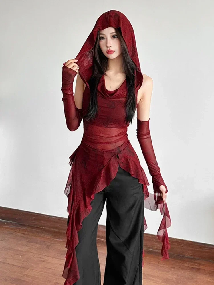 

Streetwear 90s Grunge Mesh See Through Hooded Tops Cyber Y2K Irregular Hem Ruffles Hoodie Women Slim Blouse with Cuffs 2025