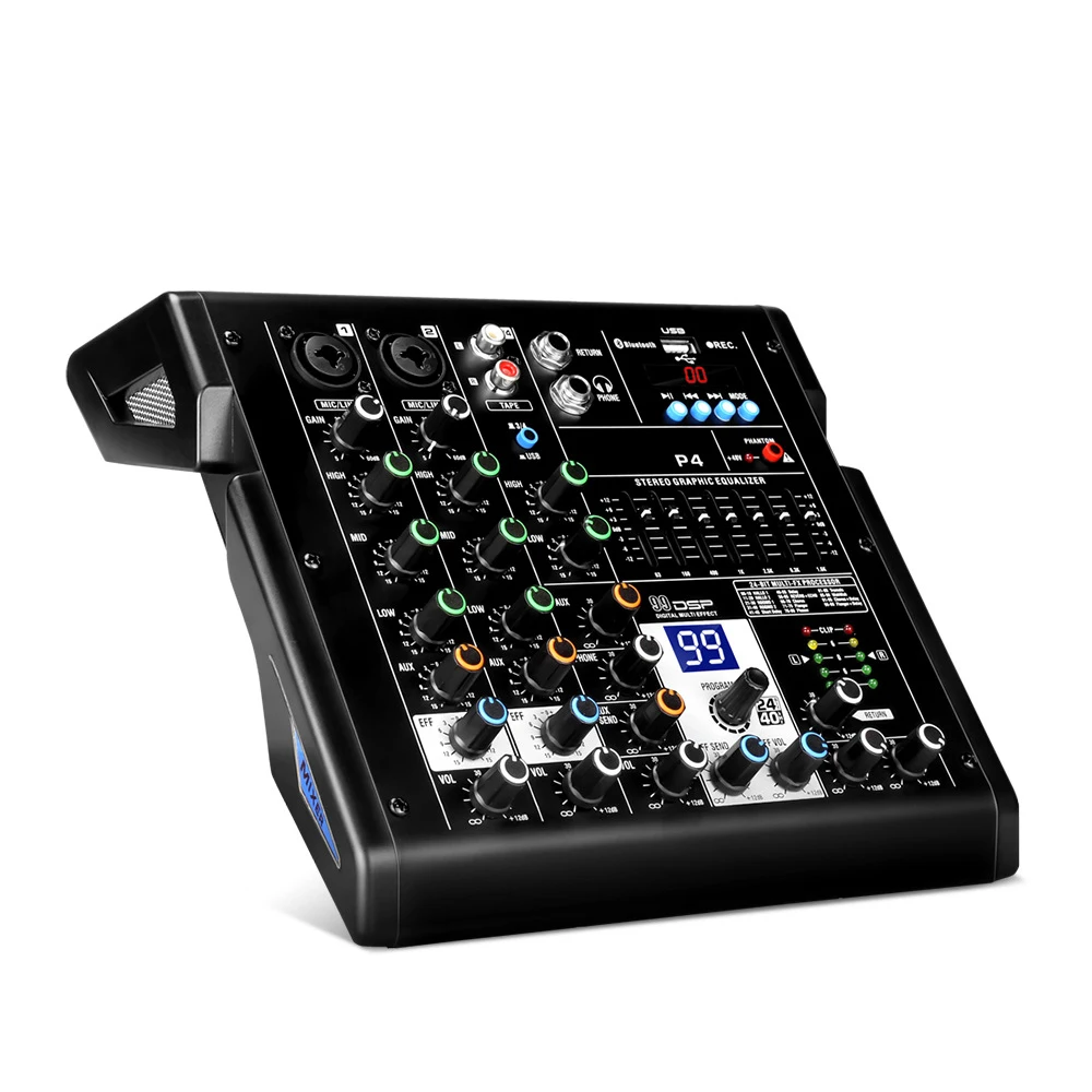 Imagem -03 - Consola de Mistura de Áudio Flygrow p4 Mesa de Som Usb Bluetooth 4-channel 7-segment Equilibrado Monitoramento em Tempo Real Consola de Mistura