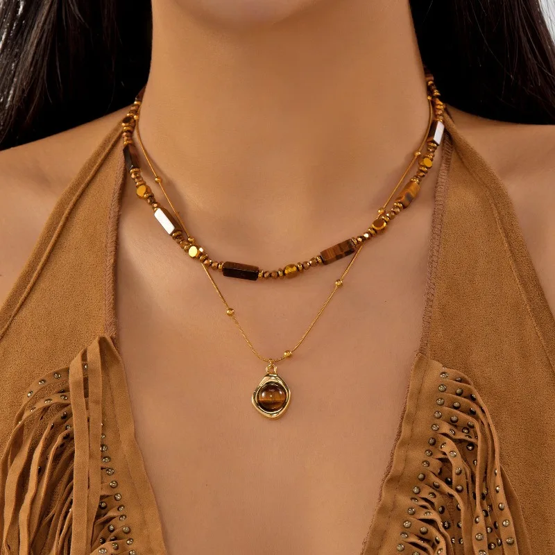 

Retro Tiger Eyes Stone Beads Necklace for Women Layering Sweater Chain Vintage Brown Beads Collarbone Chain Fashion Jewelry