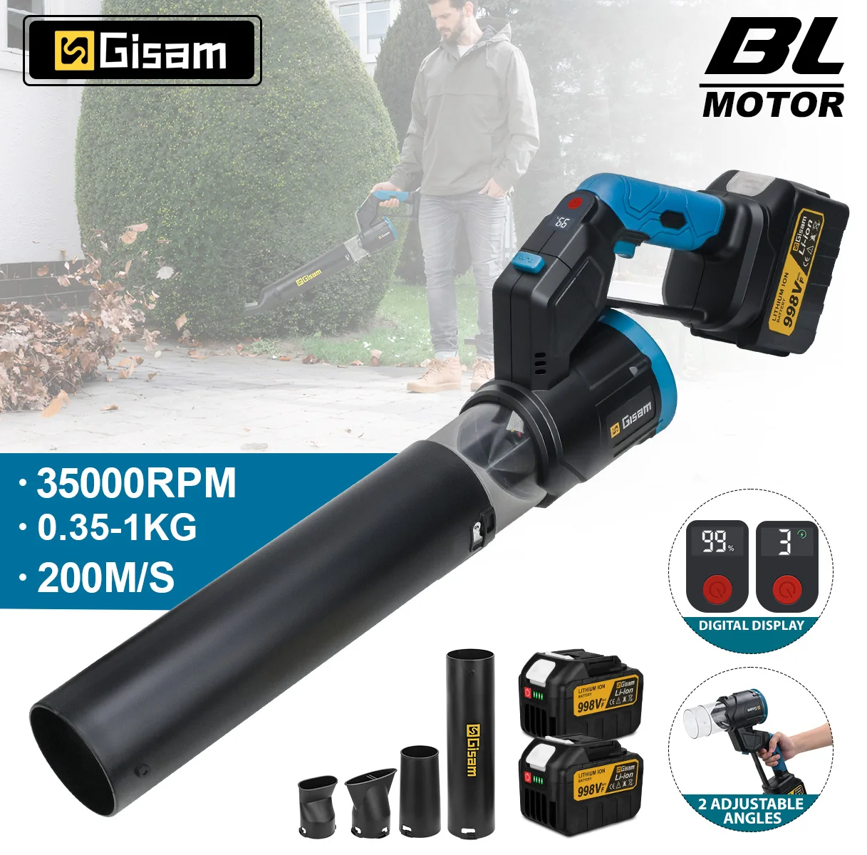 Gisam Bürstenloser 2-in-1 Elektrischer Luftbläser Turbo-Jet-Ventilator Kabelloses Schnee-, Staub- und Laubblasgerät für Makita 18V Akku