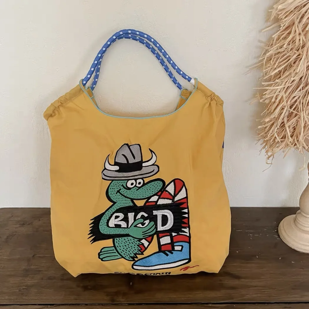 Crocodile Embroidery Eco Tote Bags for Women Cartoon Large Shoulder Bag Designer Handbag Ball Rope Handle Recycle Shopper Purses