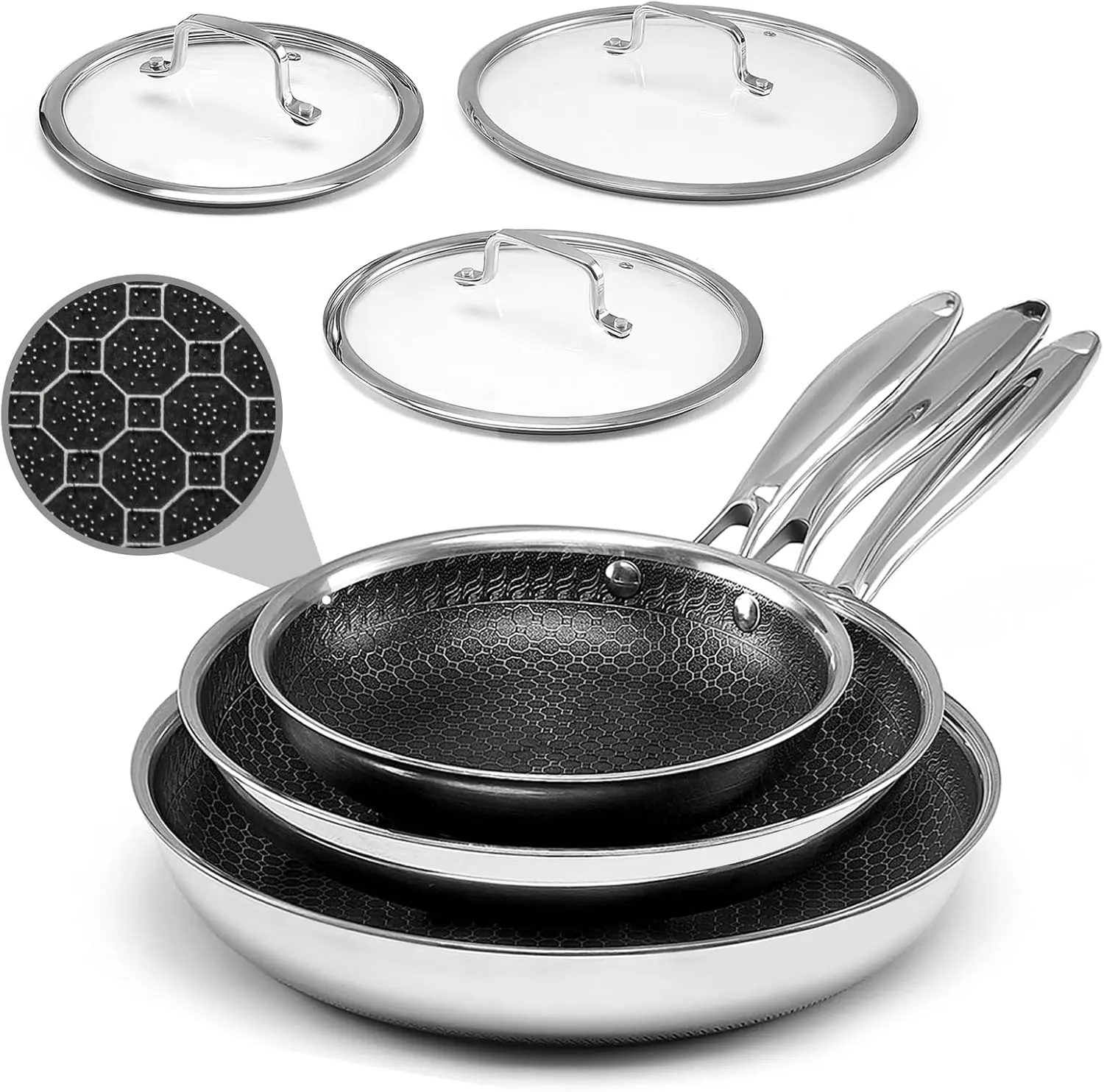

8/10/12 Inch Nonstick Frying Pan Set with Lid, Honeycomb Surface, Induction Compatible, Oven Safe