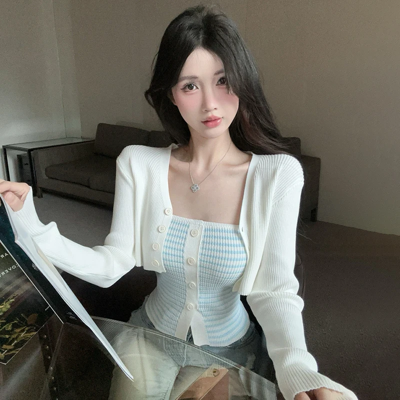 {MX} سترة نسائية كاجوال أنيقة مخططة بأزرار بدون أكمام، سترة قصيرة لطيفة وأكمام طويلة