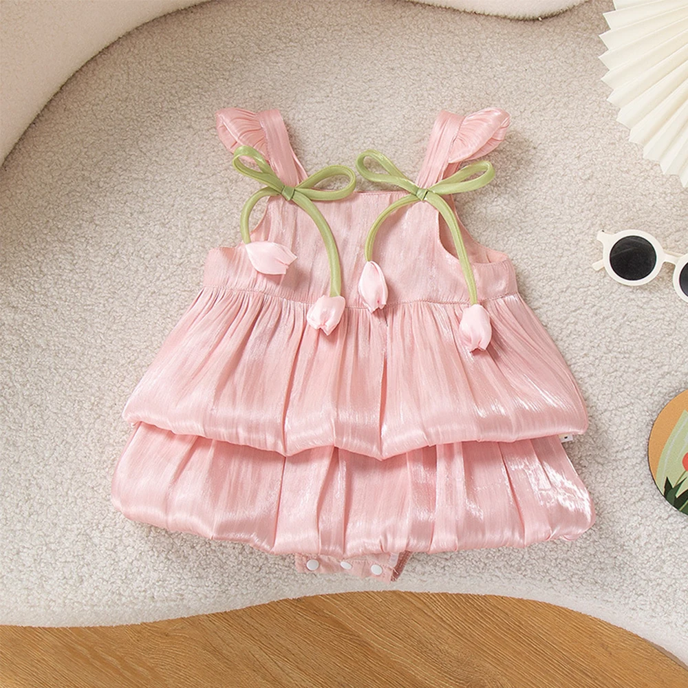 女の子の-3d-チューリップ夏ノースリーブワンピースプリンセスロンパースホームウェアピンクジャンプスーツセットエレガント幼児服幼児ベビードレス