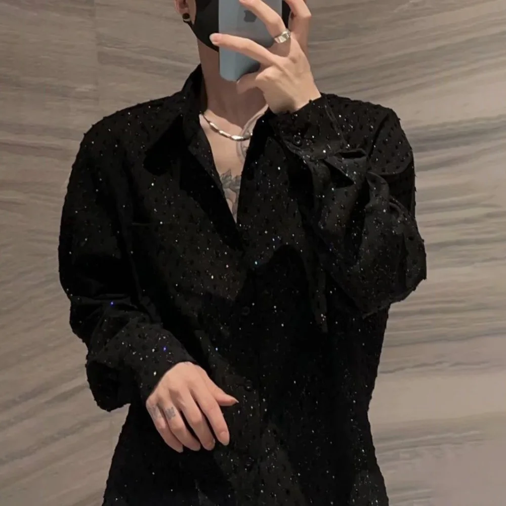 Tassel Sequin Shoulder Pad Mesh camisa masculina, moda boate, personalidade, casual, versátil, top de manga comprida, Y2k, 2024