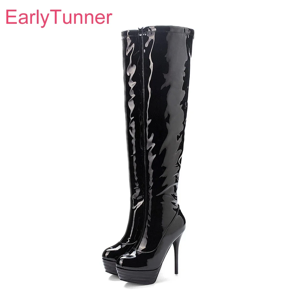 

Winter New Glossy Black Red Women Thigh High Platform Boots Super High Heels Lady Shoes Plus Big Small Size 10 32 46