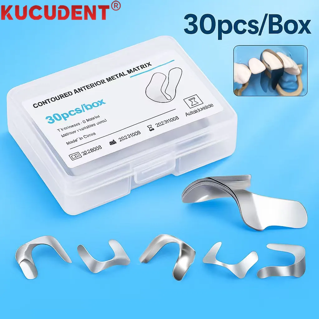 

30Pcs Dental Anterior Matrix System Contoured Metal Matrices Bands Rings for Sectional Restorations Twin Front Teeth Materials