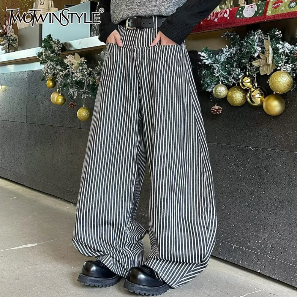 

Брюки женские TWOTWINSTYLE, черные, в полоску, с высокой талией, свободные, в американском ретро-стиле, широкие штанины, осенняя мода