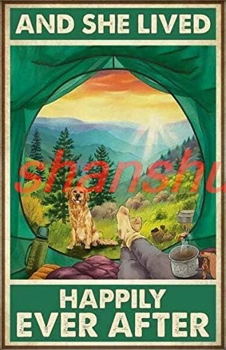 shan and She Lived Happily Ever After Metal Sign Camping and Golden Retriever Dog 1pc