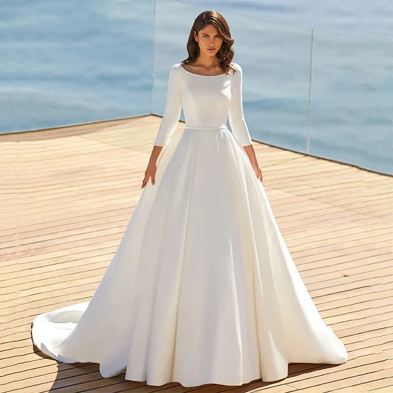 

Женское свадебное платье It's yiiya, Белое мягкое атласное платье с круглым вырезом и рукавом 3/4 на лето 2022