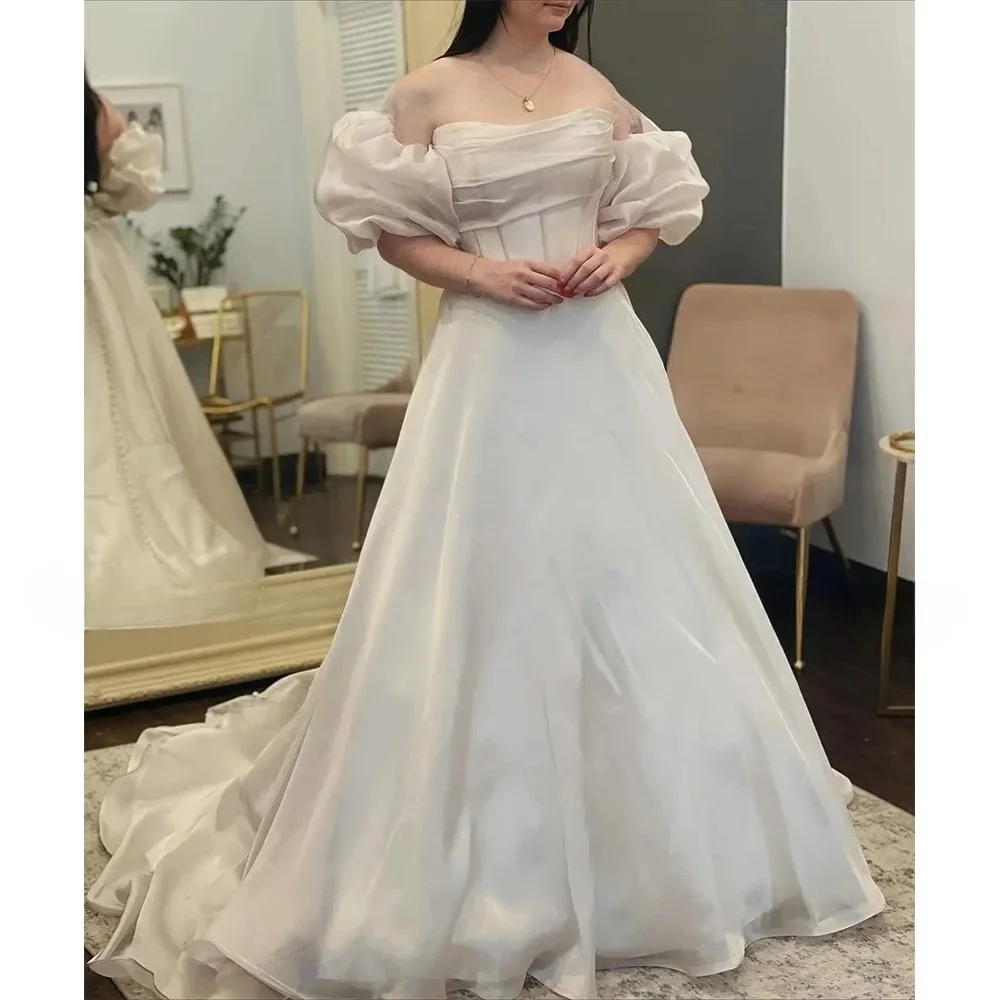 Customized Elegant Ivory A-line Wedding Dress Off The Shoulder Puffy Sleeves with Pleated Detail and Back Buttons Bridal Gown