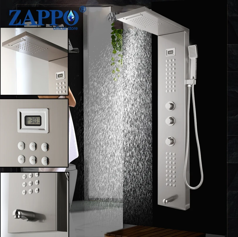 ZAPPO Shower Column With Massage Jets Bathroom Rainfall Shower Systerm Digital Display ScreenFaucet Shower Panel Bathtub Mixer