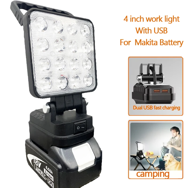 

Портативный светодиодный светильник для батареи Makita 18 В, 4 дюйма, 4800LM, рабочие фонари, двойной USB, беспроводная лампа для кемпинга, инструмент, освещение