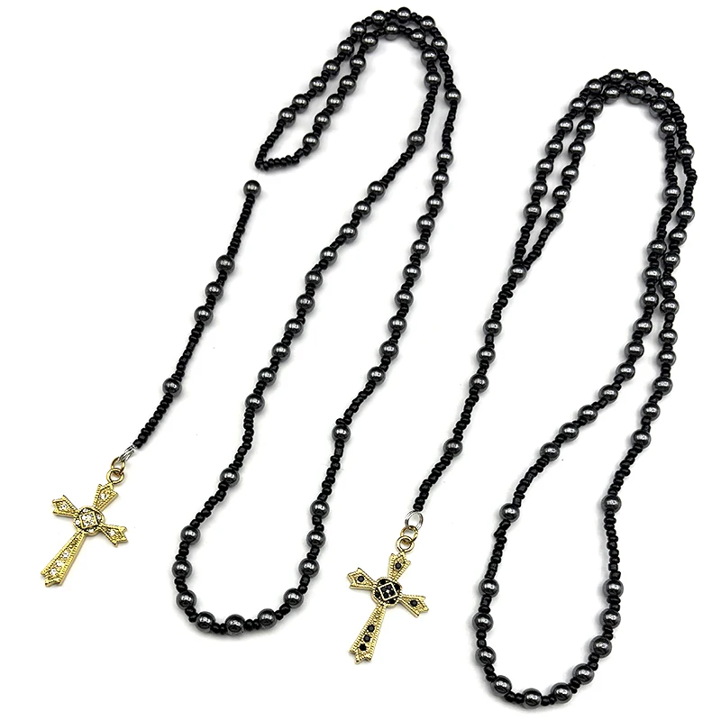 

Fashion Crystal Cross Pendant Necklace for Men Women Stainless Steel Gold Color Black Rosary Beaded Long chain Jewelry Gift