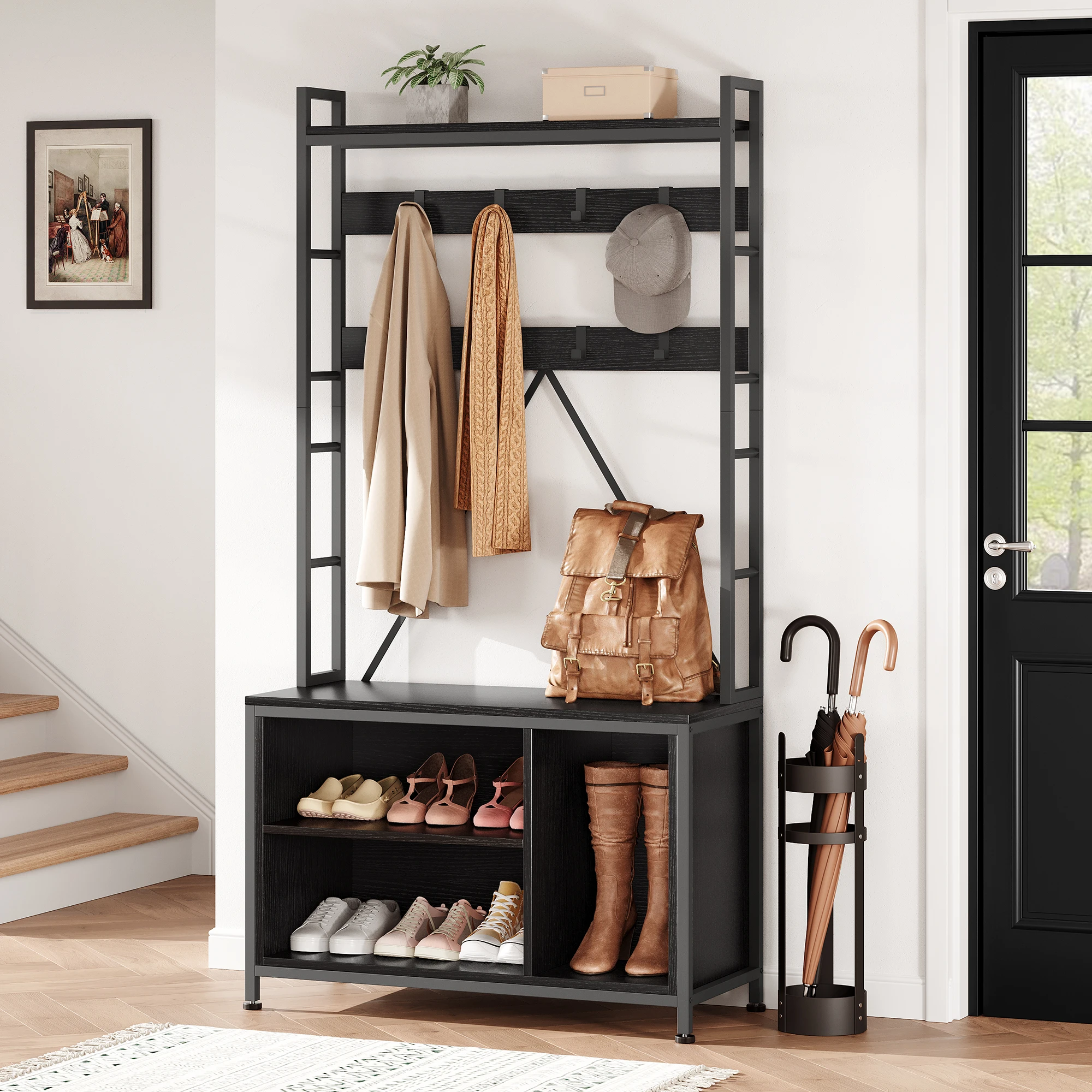 Hall Tree Tall Entryway Bench with Coat Rack freestanding, 5 in 1 Shoe Bench and Wall Rack Hooks and Drawers