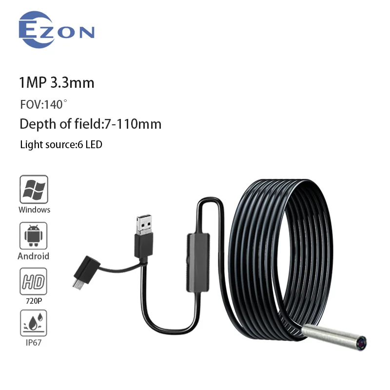 1MP 3.3mm 140° wide angle industrial endoscope camera for pipeline inspection 3m USB 3-in-1 soft cable industrial endoscope