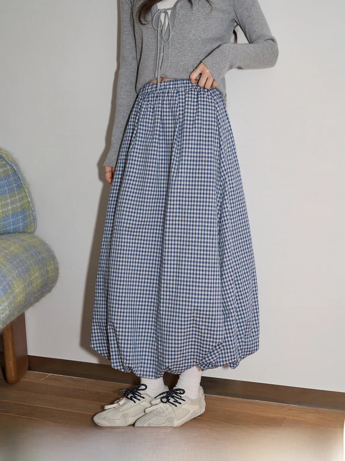 

Синяя клетчатая юбка-миди А-силуэта с высокой талией, повседневная, весенняя, женская, свободного кроя, удобная, для офиса и поездок на работу