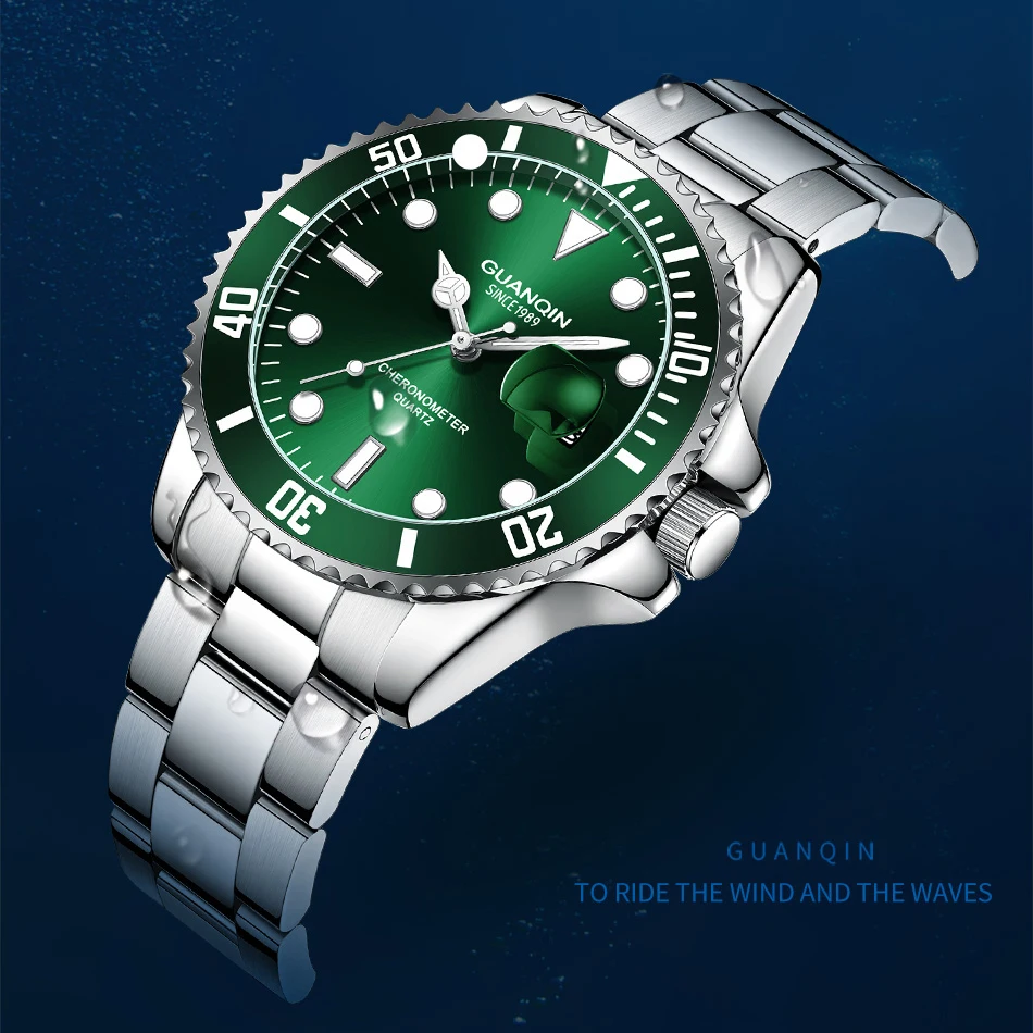 GUANQIN Quartz Watch for Man 2024 NEW 50M Waterproof Stainless steel Strap Water Ghost Watch Luminous Calendar Reloj Hombre