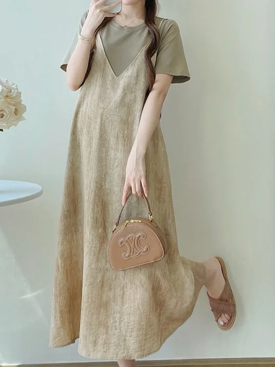 

plus Size 300 Pou Korean Faion Fake Two-Piece Strap Dr Loose ort Sve Belly Covering Trendy A-Line Midi Dr