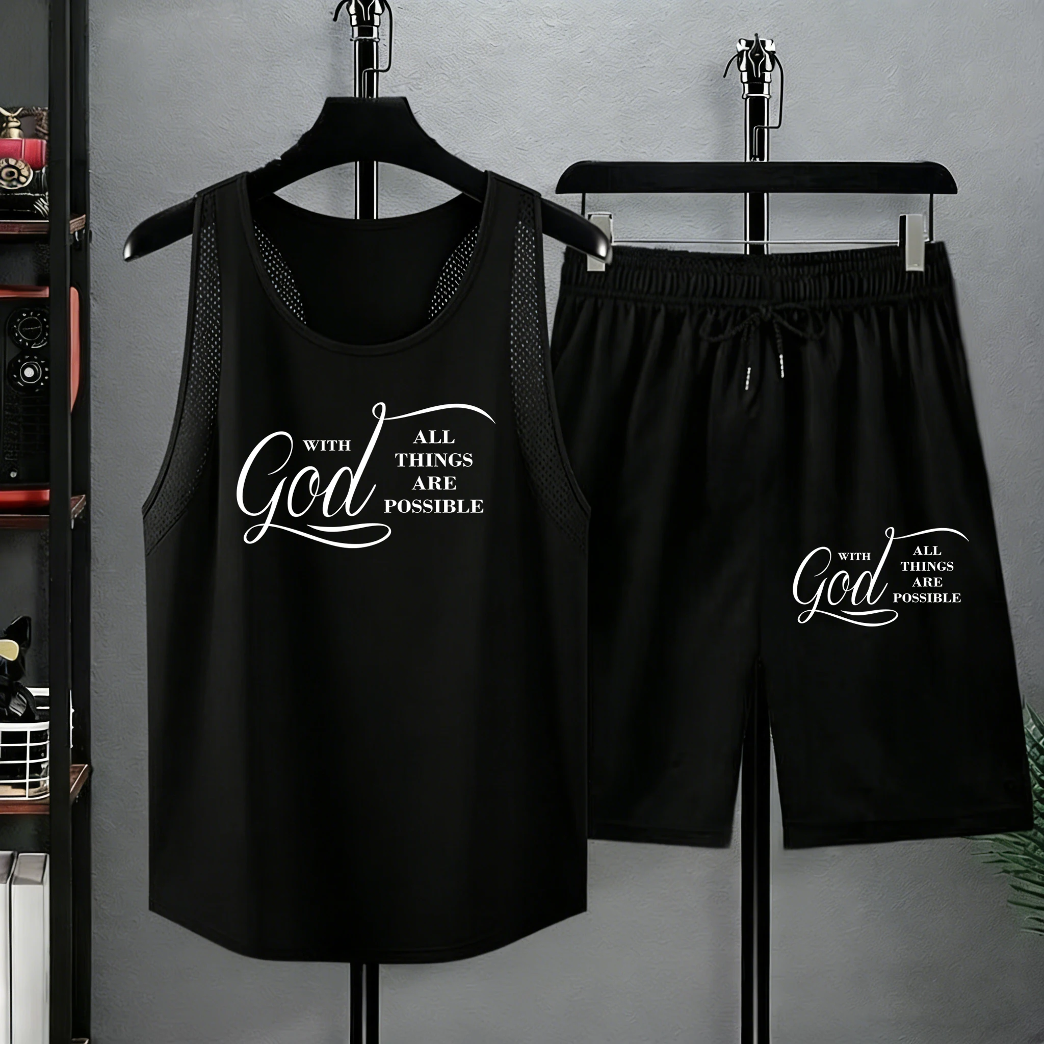 

With God All Things Are Possible Printing Casual Comfy Tshirts Sets Mesh Daily Tank Top Summer Mens Drawstring Beach Shorts
