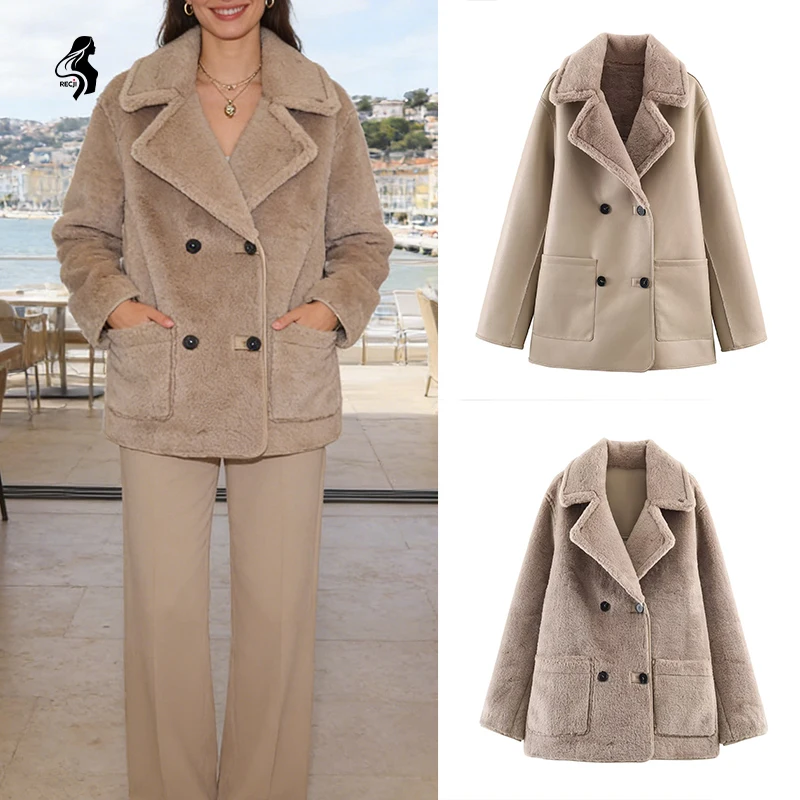 

Womens Autumn And Winter Reversible Coat Double Breasted With Notched Lapel Warm Casual Commuter Short Coat Women Winter Coats