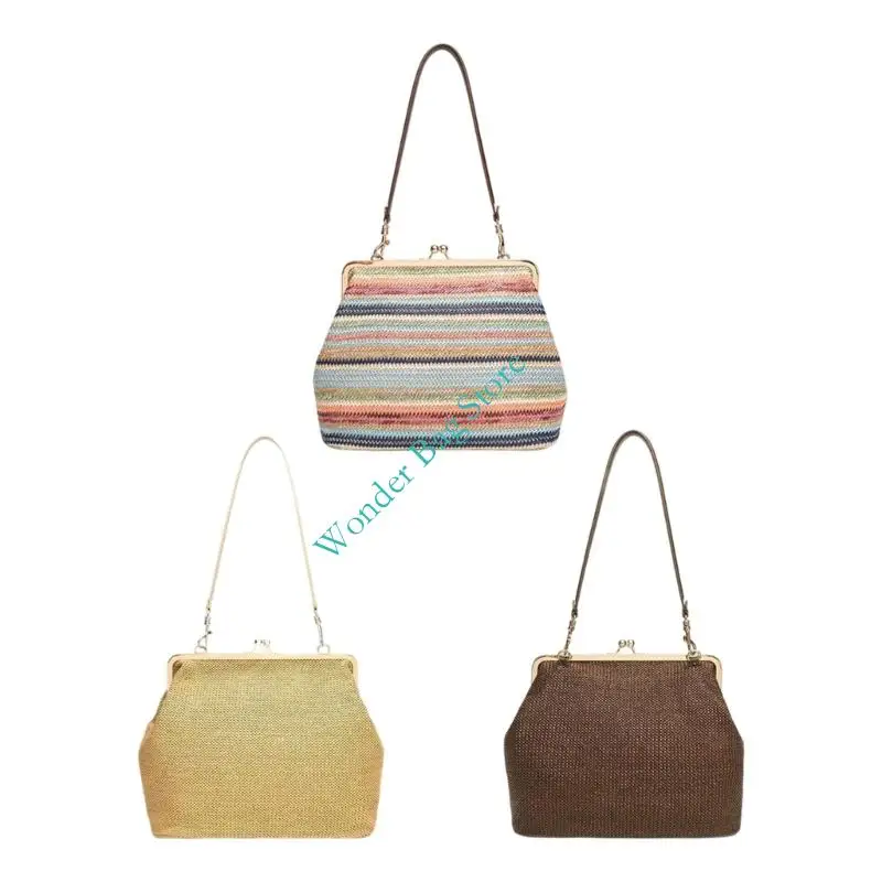 

Colorful Striped Woven Straw Bag Large Capacity Handbag For Beach And Travel