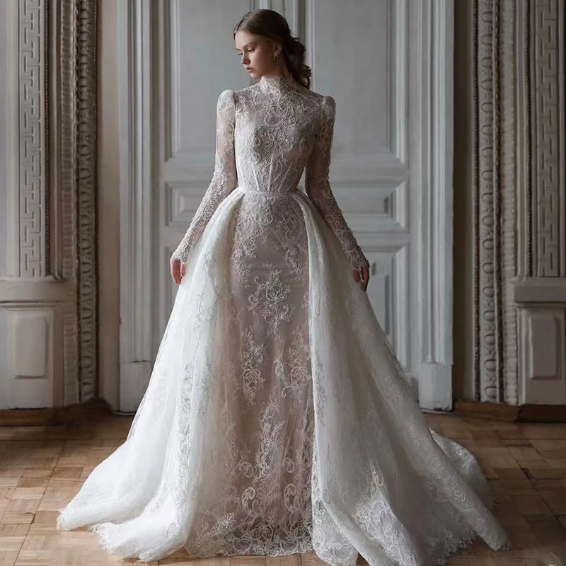Graceful Detachable Train Wedding Dress Organza With Embroidery Mermaid High-Neck Full Sleeve Customized Bride Vestido De Novia