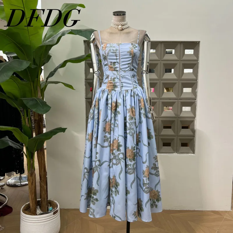 

DFDG High Quality Design Of Camisole Long Skirt With Slimming Effect On The Waist 2025 Summer Women Versatile Hem Pleated Dress