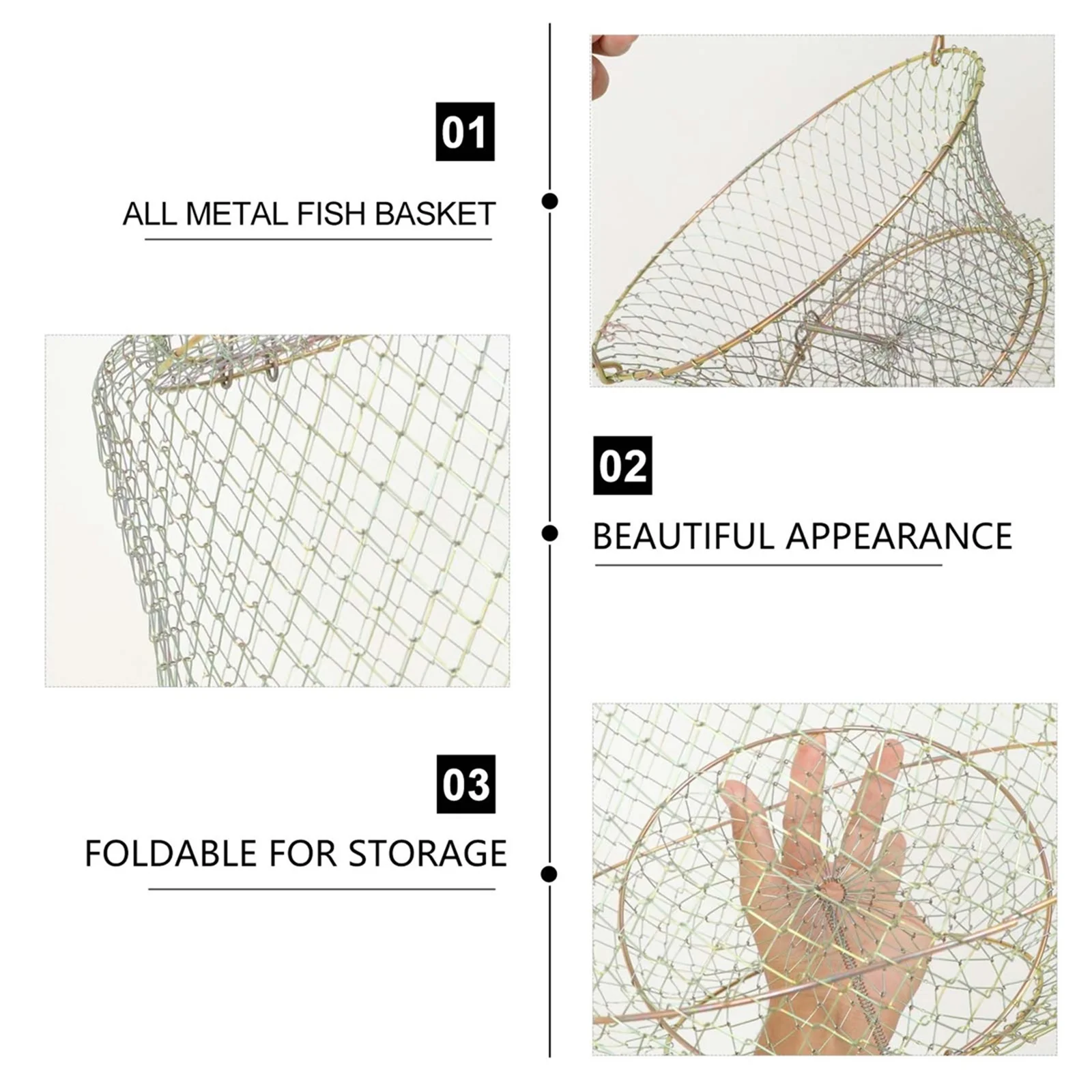 

All Metal Fish Basket Foldable Iron Wire Mesh Cage Portable Crab Lobster Trap Large Capacity Spring Design Outdoor Accessory